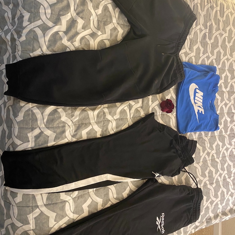 All size LG. Nike Tech fleece pants, Air Jordan pants, Reebok pants, Nike shirt